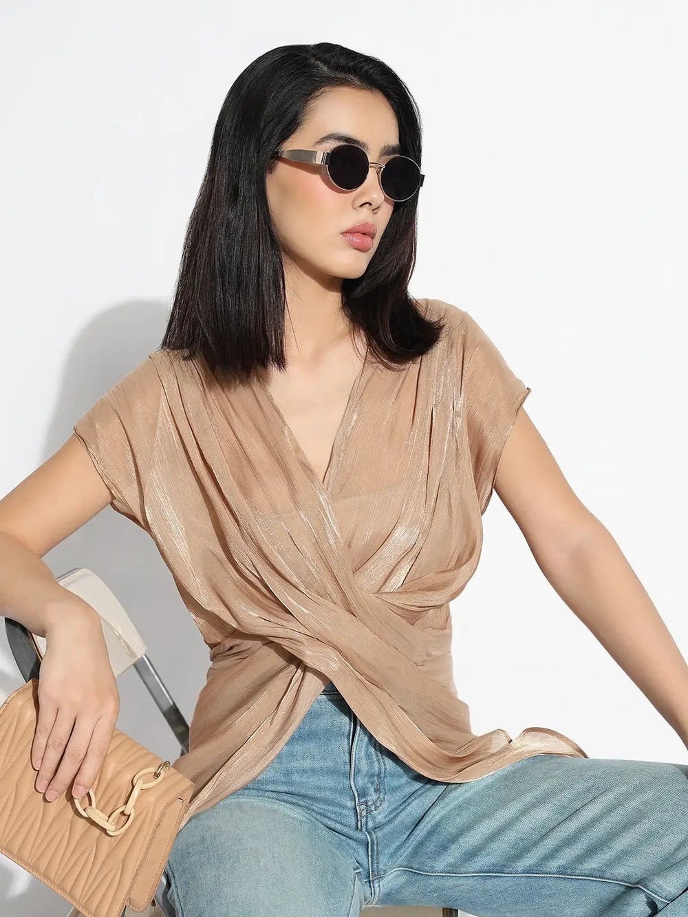Twist-Front Satin V-Neck Blouse in Beige Gold